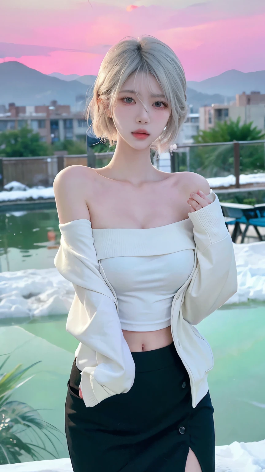 Beautiful woman with perfect figure:1.4,Swimming background,Desert Background,Ultra-high resolution,Seductive laughter,wear glasses,White legs,(lifelike:1.4),Layered Hairstyle,White skin,Black mini pleated skirt,whole body,Very delicate face and skin texture,Double eyelids,Skin Whitening,Long hair,White hair,White,