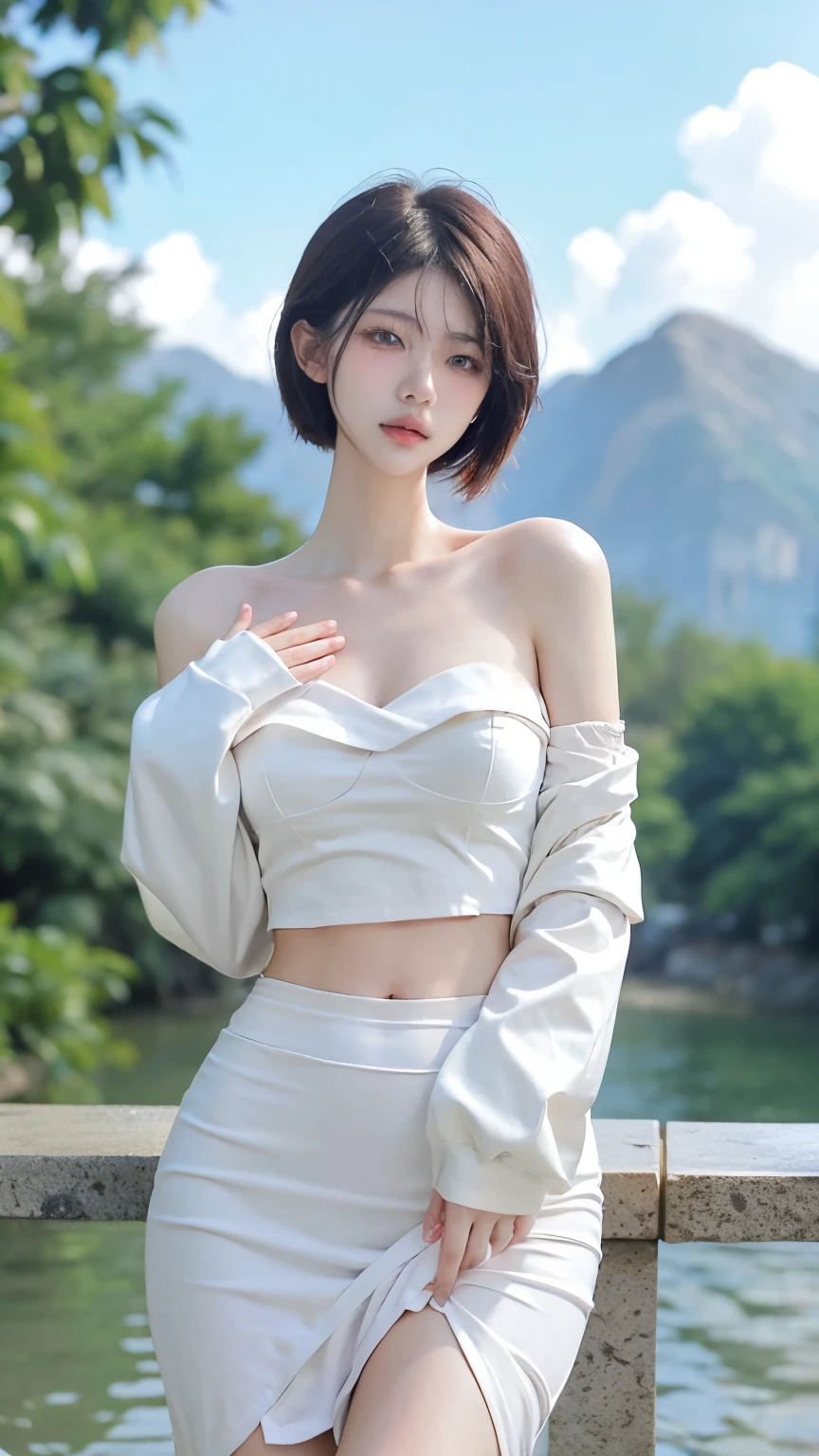 Beautiful woman with perfect figure:1.4,snow,Touching butt with both hands,snow背景,Layered Hairstyle,White skin,Prominent cleavage,Pleated Skirt,whole body,Very delicate face and skin texture,Double eyelids,Skin Whitening,Long white hair