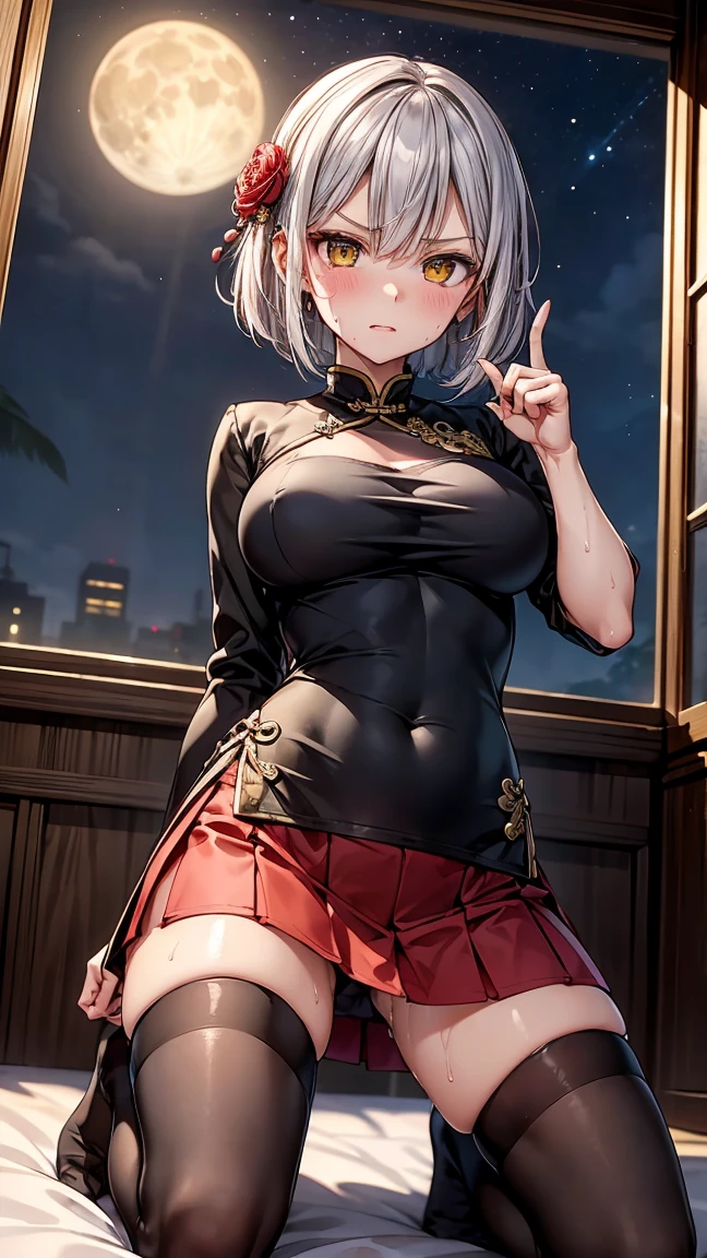 young girl , short silver bob hair, hair flower, sharp bangs between the eyes, yellow eyes, eyes large, dominant look, cold stare, somewhat angry expression, pointing at the camera. traditional chinese imperial clothes black with gold details, red skirt, black thigh high socks. medium breasts, slenderbody. On your knees on the bed, kneeling. Viewpoint from below, view from below. in a Japanese room, at night, with full moon in the background, light reflecting on the sexy and sweaty body. (((sweat)))