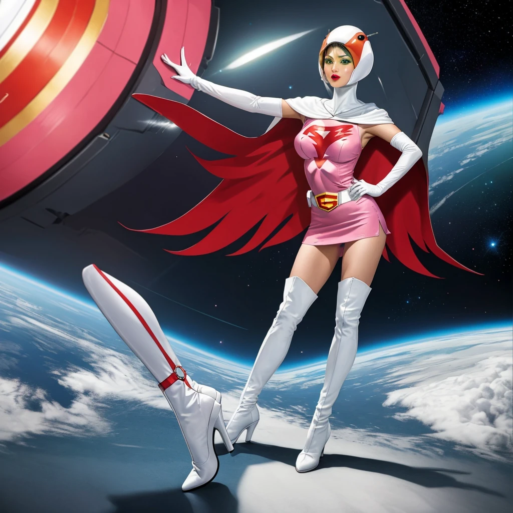 ANI_CLASSIC_jun_gatchaman_ownwaifu,1girl, yo,good anatomy, masterpiece, best quality,realistic, hyperrealistic, 16k hdr, long hair,breasts,green eyes,lips,large breasts,lipstick,makeup,gloves,cape,helmet,belt,elbow gloves,white gloves,mask,ultra miniskirt,leotard,spacesuit,white tight overknee highheels boots,pink dress,superhero,bodysuit,cleavage,erected nipples,(sexy pose,front view),(spread legs:1.1),cameltoe