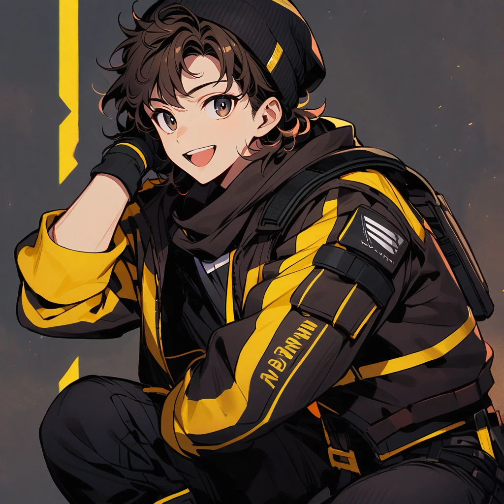 (well done:1) one man, short dark brown curly hair, black beanie, black eyes, black clothes with yellow details, white sweatshirt jacket over top, tactical boots, fingerless gloves, yellow tips in the hair.