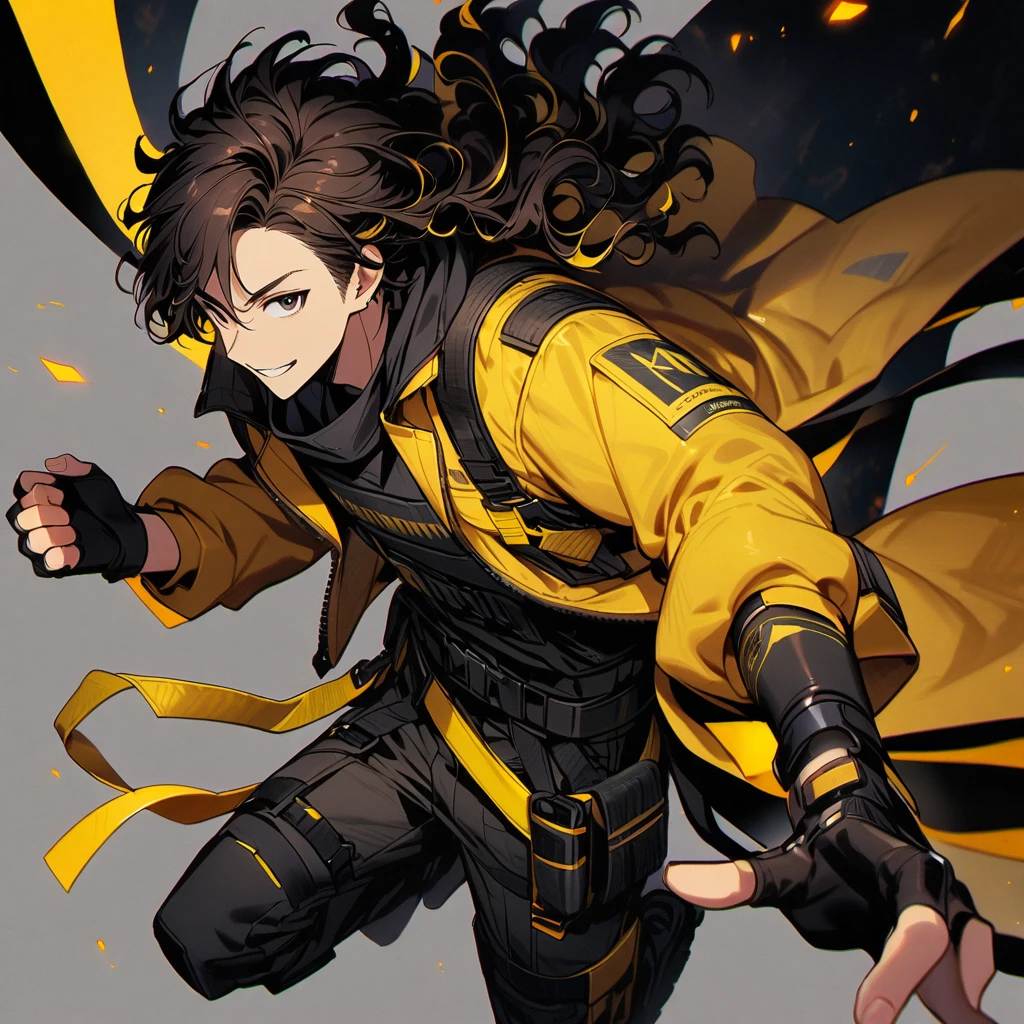 (well done:1) one man, short dark brown curly hair, black beanie, black eyes, black clothes with yellow details, white sweatshirt jacket over top, tactical boots, fingerless gloves, yellow tips in the hair.