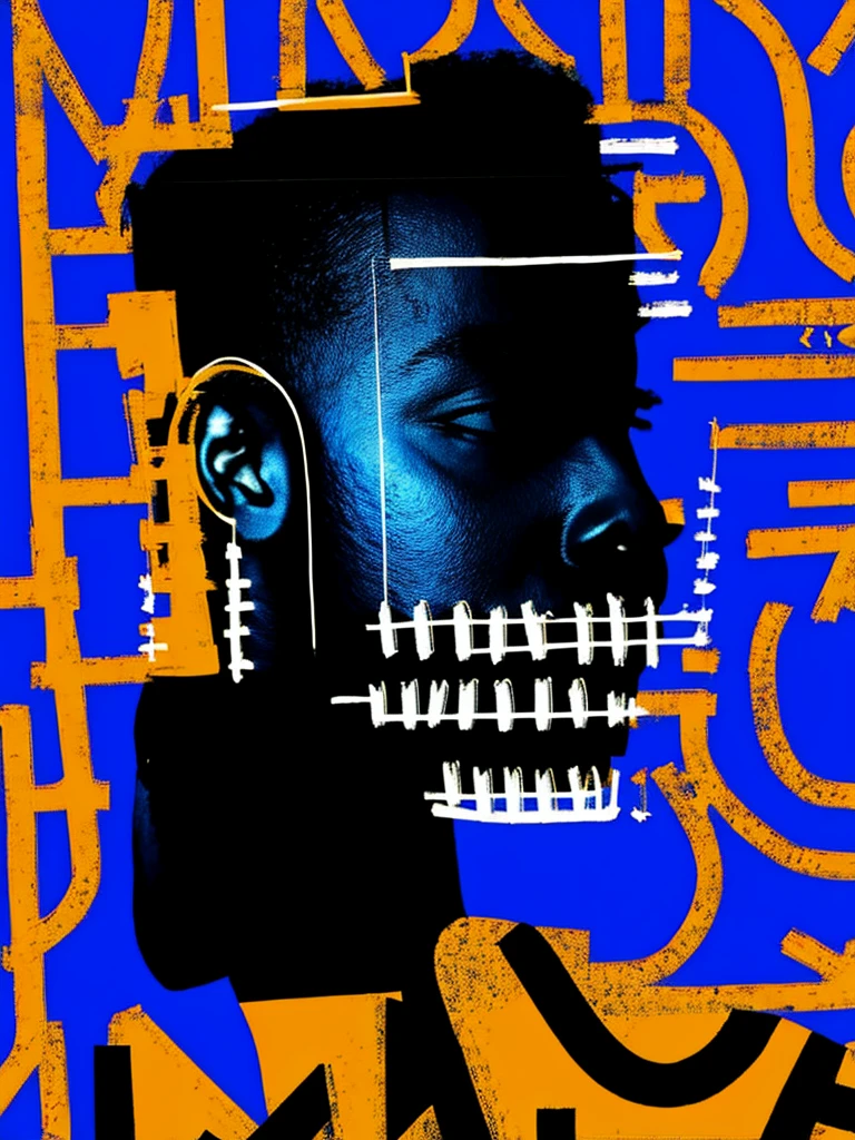 Folks, Colorful 1 prince, solo, simple background, black hair, english text, blue background, abstract, crown