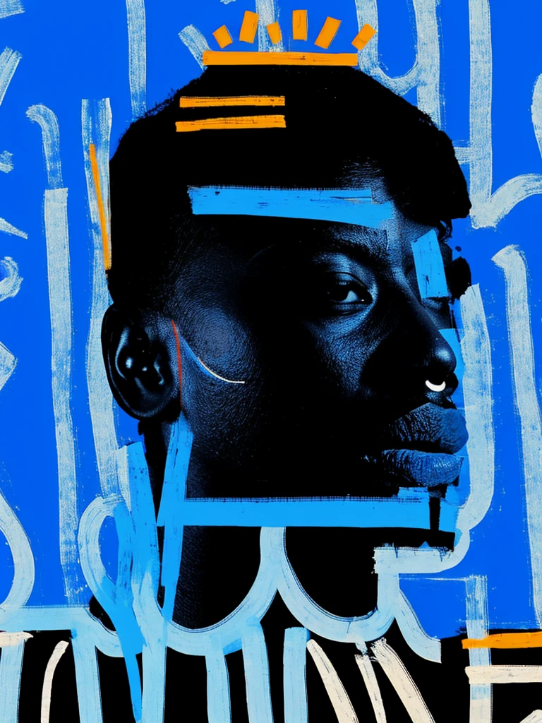 Folks, Colorful 1 prince, solo, simple background, black hair, english text, blue background, abstract, crown