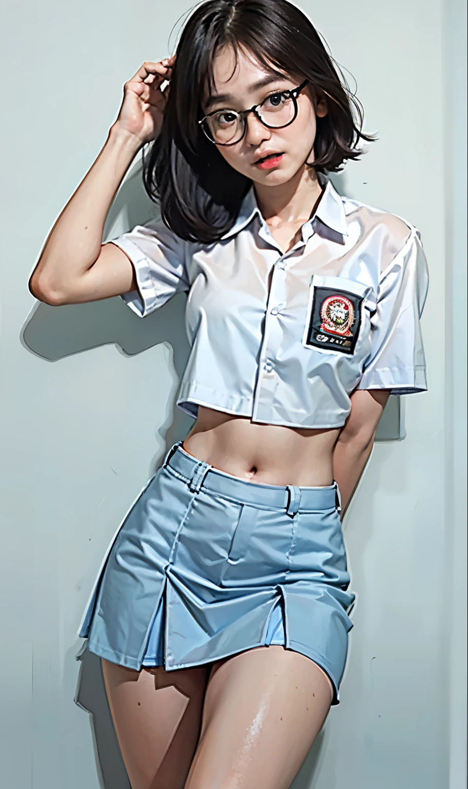 18 years old girl, (((at park))), (transparent white shirt), (wet shirt), (mini skirt), (light blue skirt), RAW photo, (photorealistic:1.37, realistic), highly detailed CG unified 8K wallpapers, 1girl, ((slender body:1)), (small breasts:1.3), looking at viewer, ((straight from front)), (HQ skin:1.2), (clean skin:1.2), 8k uhd, dslr, soft lighting, high quality, film grain, Fujifilm XT3, (full body:0.8) , tokyolagii , (bold glasses), full body in, perfect body, two legs, long legs, naval, (wide waist:1.2), (big tigh:1.3), crop top, panties, pelvic