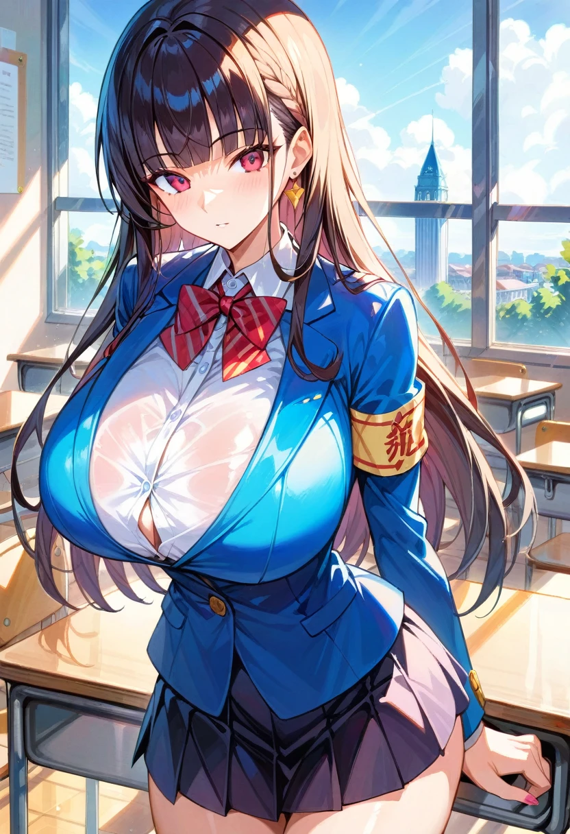 Score_9, score_8_up, 4k, 8k, detailed face, source_anime, grandeur, intricate-details, depth-of-view, BREAK 1girl, huge breasts, long hair, black hair, blunt bangs, blazer, armband,  skirt, student council president, smooth skin, rating_questionablle, classroom, expressionless, blush