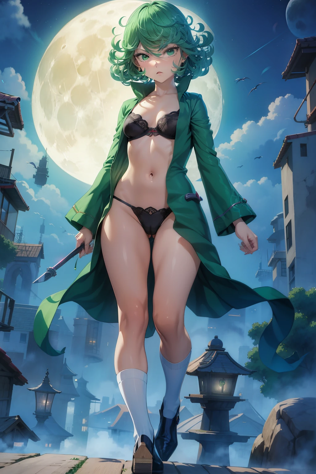 Tatsumaki ,1girl , anime , masterpiece , green color hair, jaqueta aberta open clothes ,flat chest , bra, pantie , long socks, angry ,sexy . Background moon . Standing