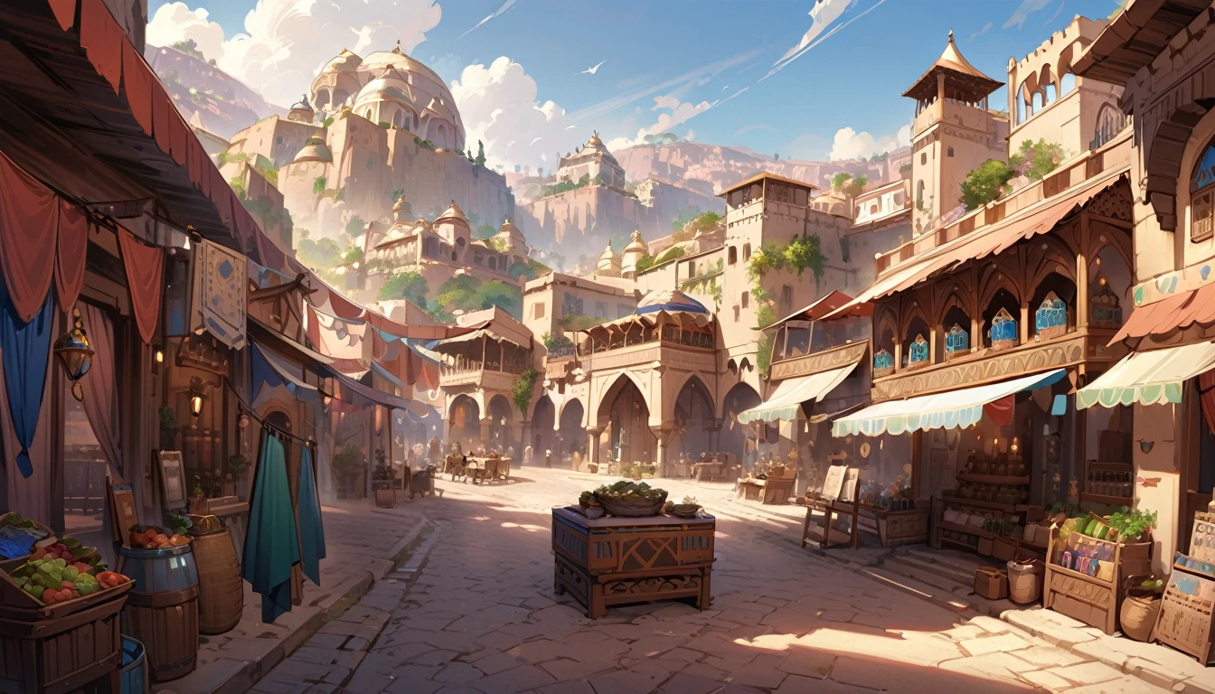 Highest quality,masterpiece,Arabian style town,landscape,There are no humans,Fantasy,Charming streetscape,Concept Art,Fantasy,market