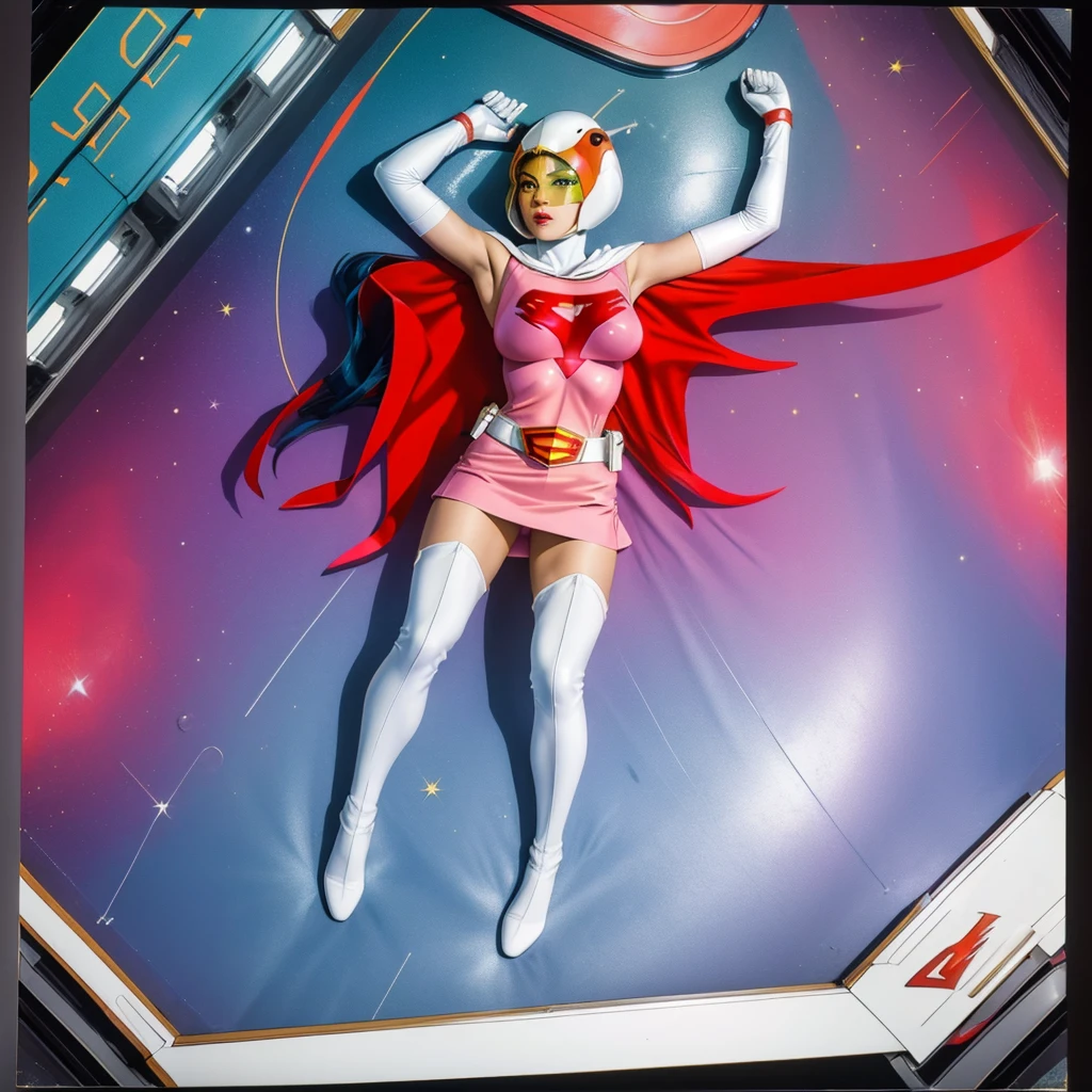 ANI_CLASSIC_jun_gatchaman_ownwaifu,1girl, , good anatomy, masterpiece, best quality, realistic, hyperrealistic, 16k hdr, breasts, green eyes, lips, large breasts, lipstick, makeup, gloves, cape, helmet, belt, elbow gloves, white gloves, mask, ultra miniskirt, leotard, spacesuit, white tight overknee highheels boots, pink dress, superhero,bodysuit,(lying flat poses, view from above),pantyhose