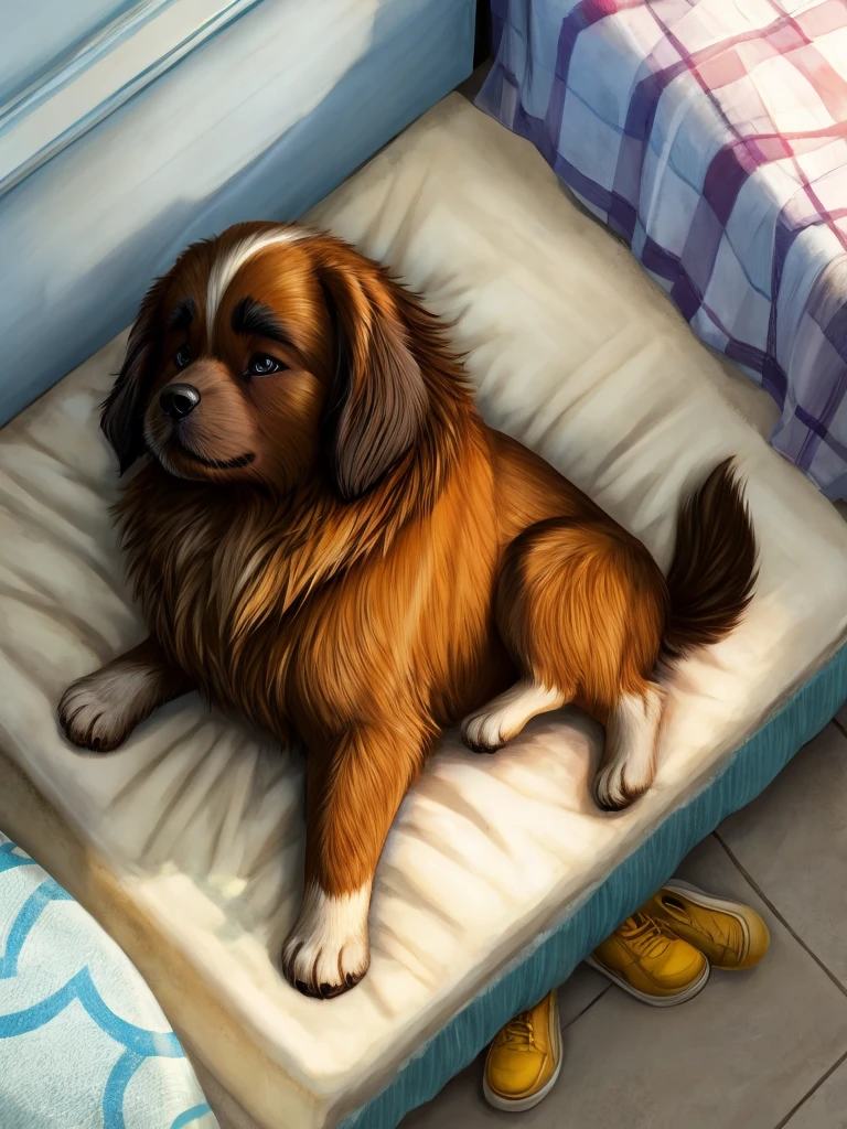 A Pekingese dog, with little yellow shoes and lying on a mattress.