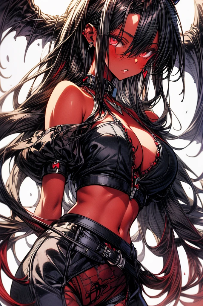 masterpiece, super detailed, high resolution, precision art, highly seductive anime girl. sexy and alluring, flawless dark red demonic skin, succubus, symmetrical face, beautiful olive eyes, flowing black hair, her very presence oozes seduction and allure, S-shaped body, black onyx colored horns jutting out her forehead, heart shaped tail protruding from her back, sexy and arousing slender and thin yet chiseled with enticing breasts, intricate and beautiful heart shaped tattoo engraved on her stomach, wearing spaghetti strap crop-top and form-fitting leggings that accentuate her round ass, hip-level shot