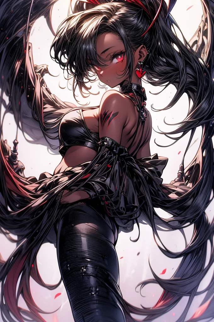 masterpiece, super detailed, high resolution, precision art, highly seductive anime girl. sexy and alluring, flawless dark red demonic skin, succubus, symmetrical face, beautiful olive eyes, flowing black hair, her very presence oozes seduction and allure, S-shaped body, black onyx colored horns jutting out her forehead, heart shaped tail protruding from her back, sexy and arousing slender and thin yet chiseled with enticing breasts, intricate and beautiful heart shaped tattoo engraved on her stomach, wearing spaghetti strap crop-top and form-fitting leggings that accentuate her round ass, hip-level shot