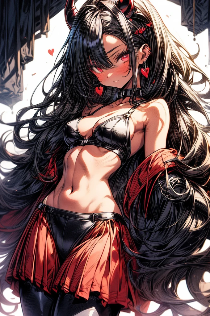 masterpiece, super detailed, high resolution, precision art, highly seductive anime girl. sexy and alluring, flawless dark red demonic skin, succubus, symmetrical face, beautiful olive eyes, flowing black hair, her very presence oozes seduction and allure, S-shaped body, black onyx colored horns jutting out her forehead, heart shaped tail protruding from her back, sexy and arousing slender and thin yet chiseled with enticing breasts, intricate and beautiful heart shaped tattoo engraved on her stomach, wearing spaghetti strap crop-top and form-fitting leggings that accentuate her round ass, hip-level shot