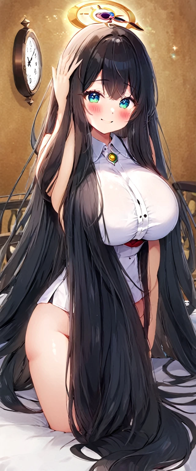 cute girl, super long hair, black hair, big hair, thick hair, big breasts, big butt, hourglass body, emphasis on hair, emphasis on eyes, emphasis on face, blush, smile,
