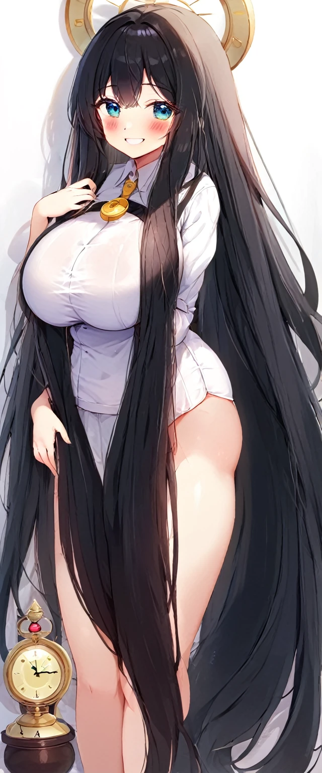 cute girl, super long hair, black hair, big hair, thick hair, big breasts, big butt, hourglass body, emphasis on hair, emphasis on eyes, emphasis on face, blush, smile, 