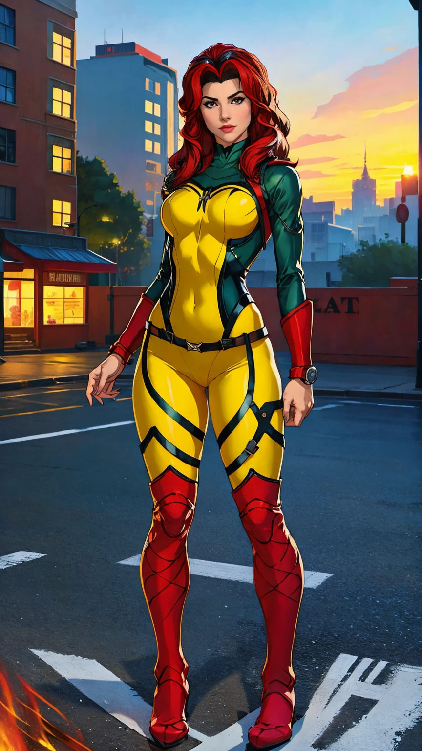 ((Full body photo, standing, feet on the ground)) (best quality, 4k, 8k, high resolution, masterpiece: 1,2), ultra-detailed, fishnet tights, (realistic, photorealistic, photorealistic: 1, 37), full body photo, Rogue, X-Men, yellow high boots, beauty pose, standing, show feet, outside, city roof at night, green bandana
