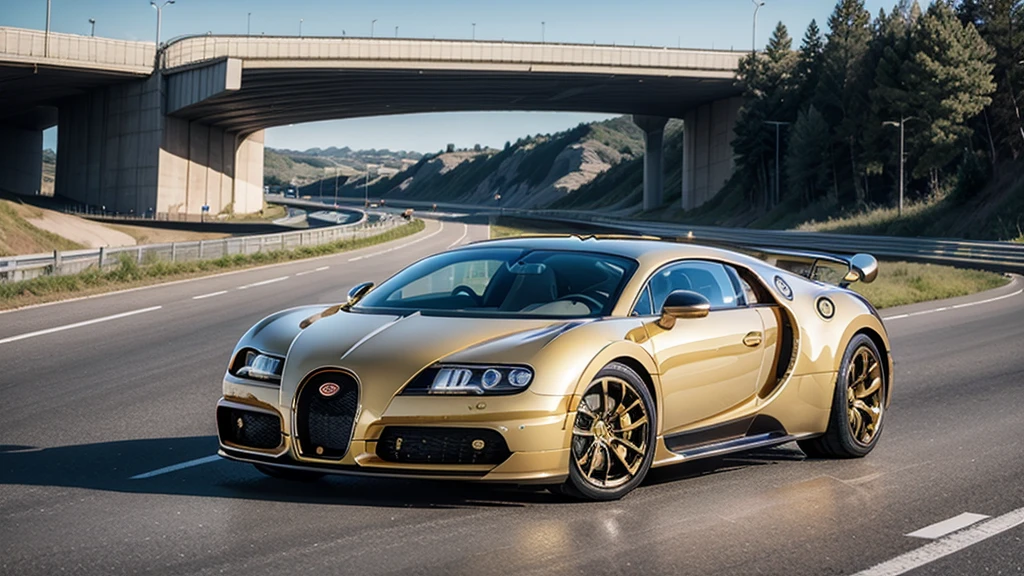 golden bugatti on a highway in sunny day