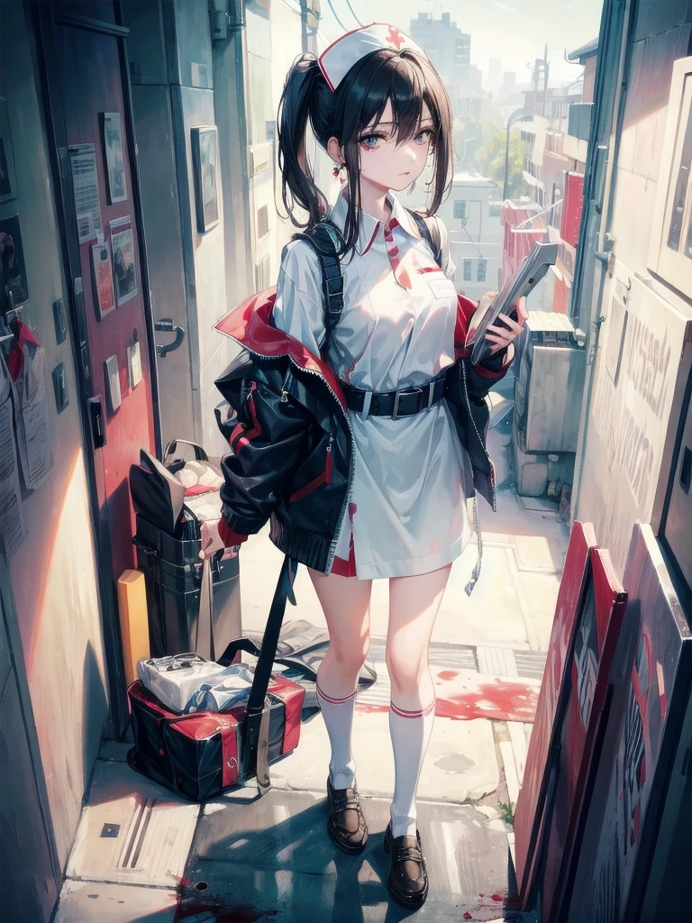 absurdres, RAW photo, extremely delicate and beautiful, masterpiece, Best Quality, ultra high resolution, 32k, hyperrealistic, ultra-detailed, perfect figure, in her 20s, very small head, very small face, delicate facial features, tearful mole, earring, very huge round breasts, full body shot, medium hair, asymmetrical hair, blood, blood splatter, blood on clothes, blood stain, hospital, nurse uniform, have a chainsaw,