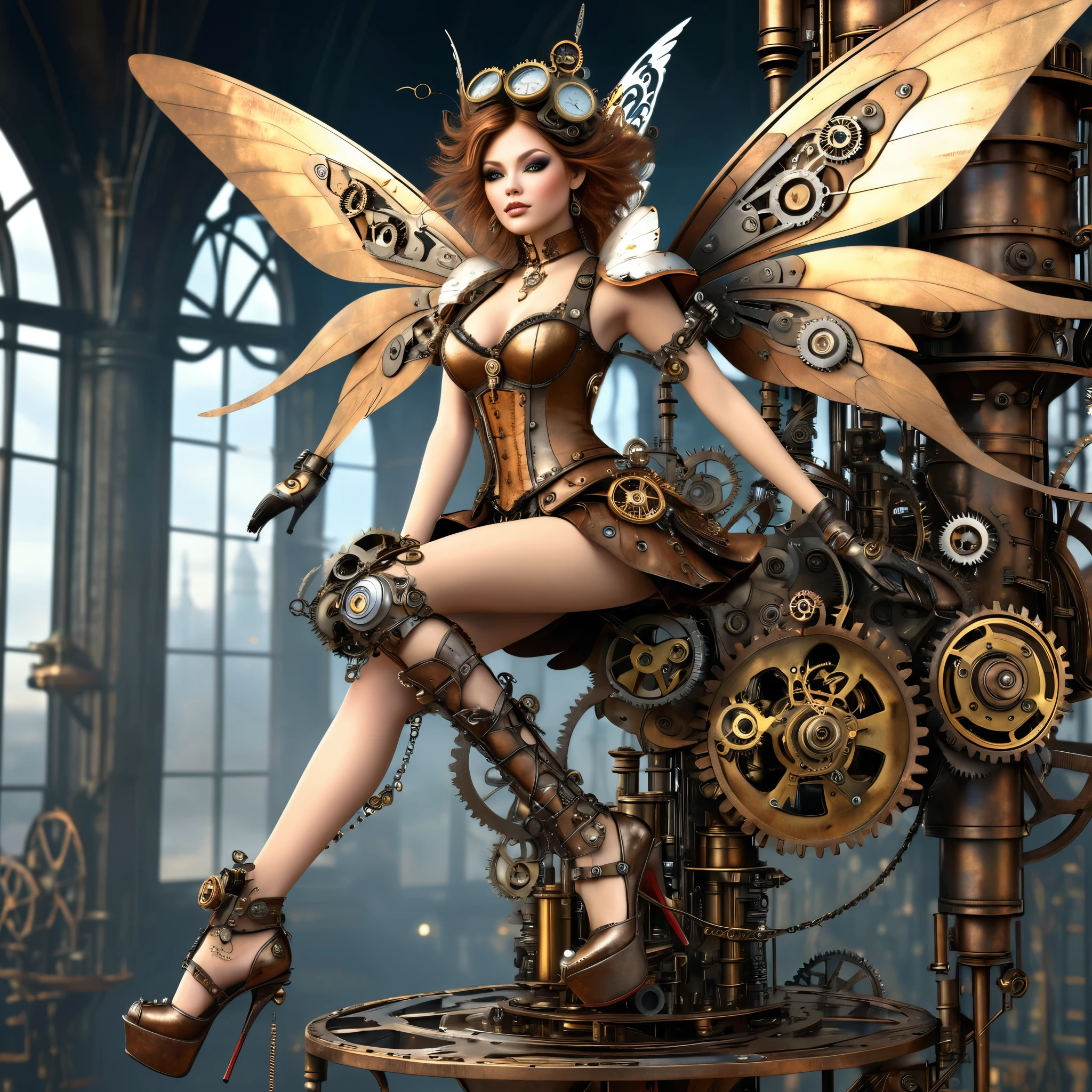 exquisite 2.5d rendering of a gorgeous steampunk fairy, high heels, ((highly detailed face)), flying around a tower made of metal junk and clockwork parts, metal trimmed wings, clothing made of lace and steel, clockwork home