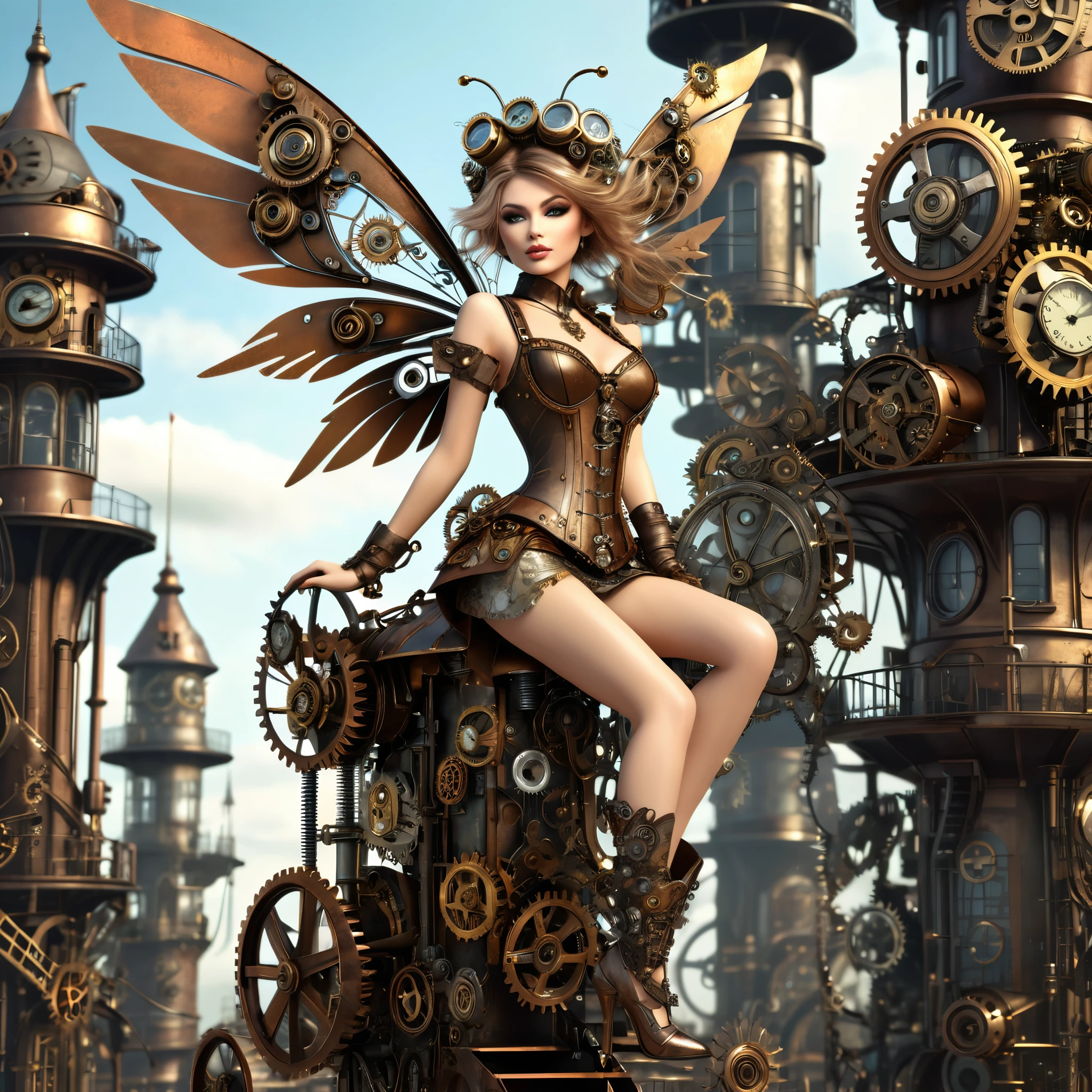 exquisite 2.5d rendering of a gorgeous steampunk fairy, high heels, ((highly detailed face)), flying around a tower made of metal junk and clockwork parts, metal trimmed wings, clothing made of lace and steel, clockwork home