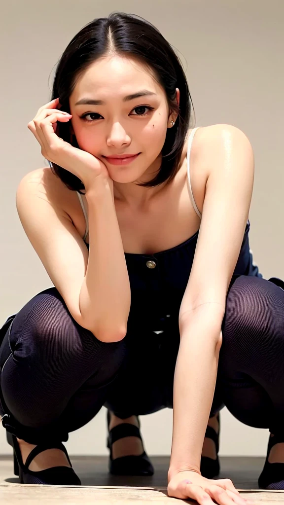 8k, RAW Photo, Best Quality, Masterpiece:1.2),(Realistic, photo-realistic:1.37), Super Detail, She is wearing tight thin fitting transparent black long sleeve turtleneck, no skirts, transparent black pantyhose, cinematic lighting, sexy pose, monotone background, facing front, smiling, portrait, dressed up to the belly button, dressed up to the neck
