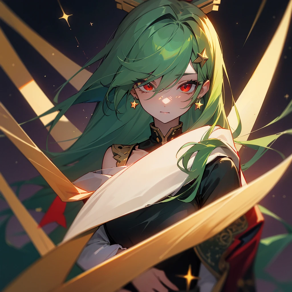 A digital anime showcasing a resplendently adorned goblin queen, its every feature bursting with intricate details: intricate patterns of glowing runes etched into its emerald green skin, elaborate golden armor with gem-encrusted accents, and piercing crimson eyes that seem to sparkle with malevolent intelligence. The image is a meticulously crafted digital painting, showcasing the vibrant colors and intricate linework. This stunning depiction merges opulence with menace, capturing the essence of a regal yet sinister fantasy character.
