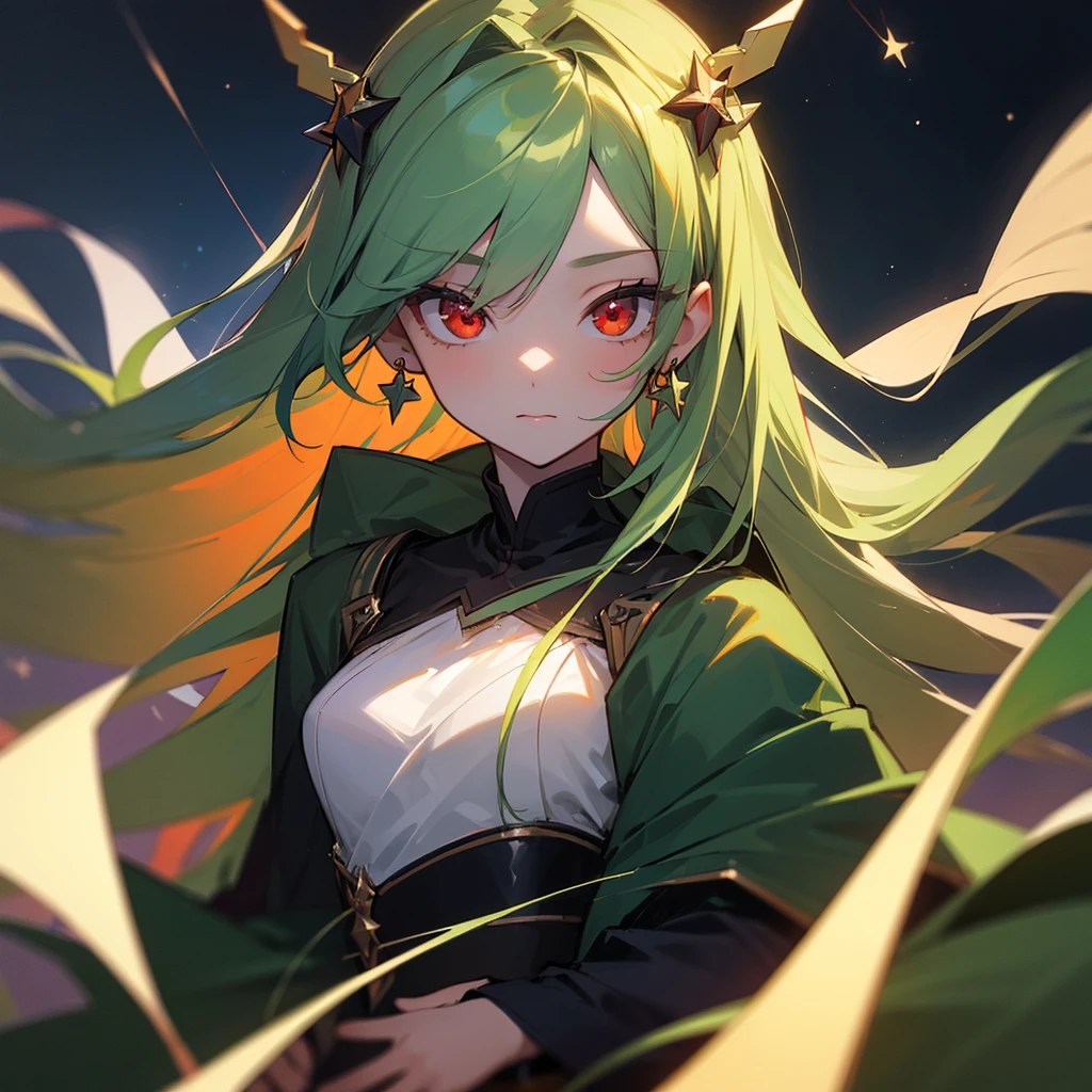 (masterpiece, best quality:1.2),solo,1girl,averting_eyes,earrings,hair_between_eyes,hair_ornament,jewelry,long_hair, earrings, Green_Hair, Red_Eyes, Pretty_Girl, Stars.