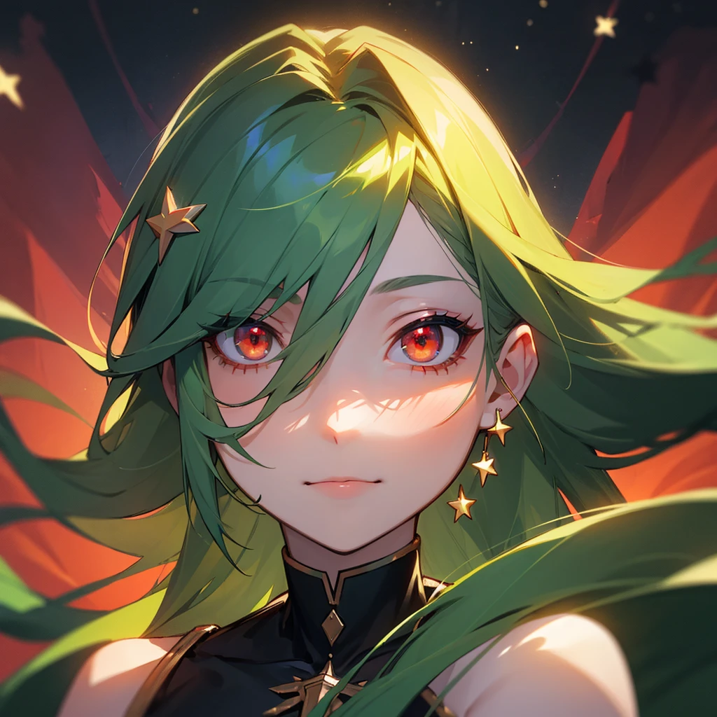 (masterpiece, best quality:1.2),solo,1girl,averting_eyes,earrings,hair_between_eyes,hair_ornament,jewelry,long_hair, earrings, Green_Hair, Red_Eyes, Pretty_Girl, Stars.