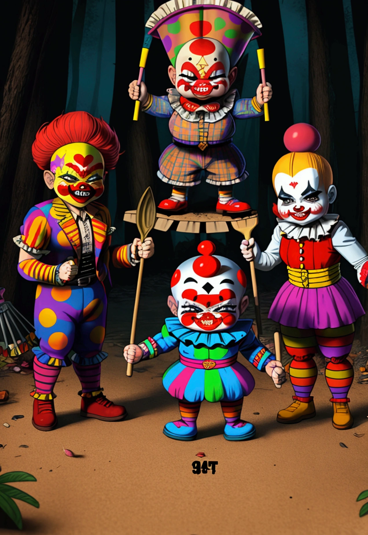 ((3 crazy mean clowns holding pitchforks, garbage pail kids style)), in the woods, 3d cartoon, high quality, detailed,
