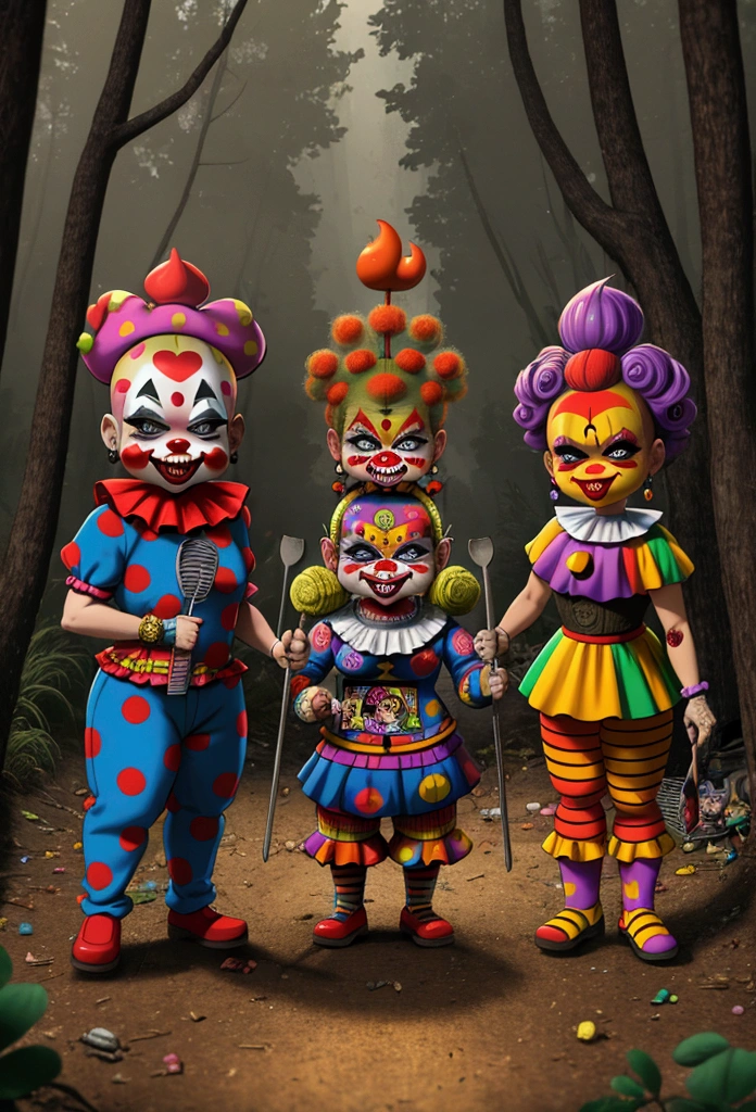((3 crazy mean clowns holding pitchforks, garbage pail kids style)), in the woods, 3d cartoon, high quality, detailed,