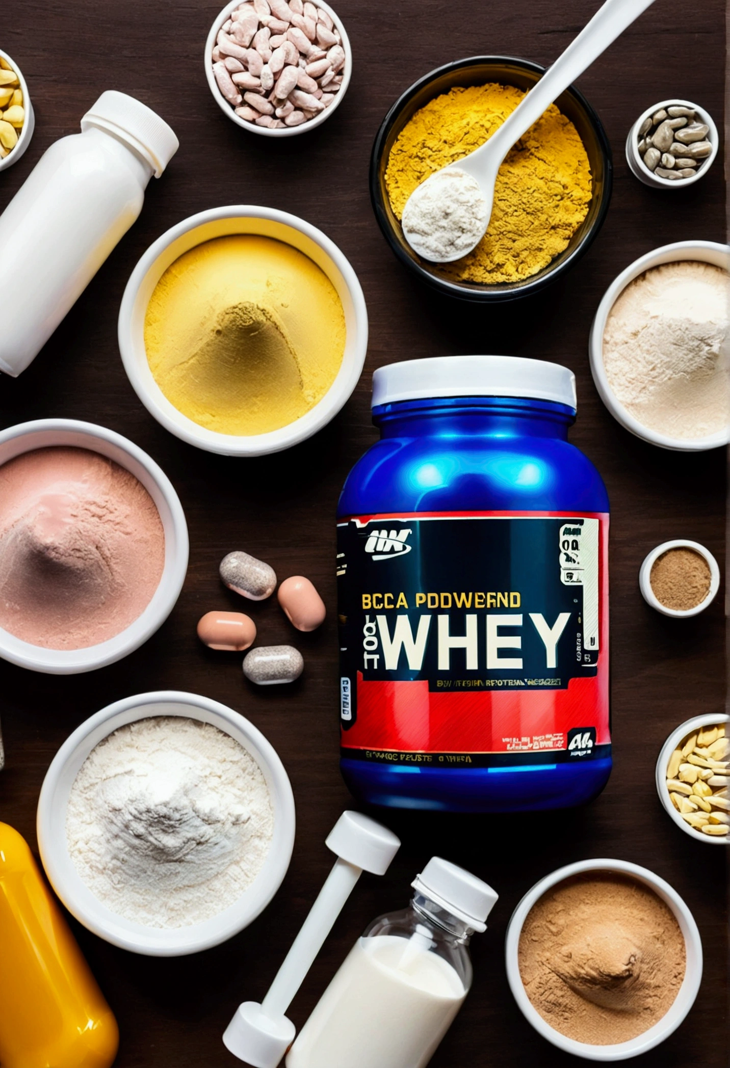4k image quality,Detailed Description, an image of (multiple variety) of supplements, how to whey protein powder, creatine and BCAA, creatinas, and other bodybuilding supplements, on a table.variação of supplements para musculação