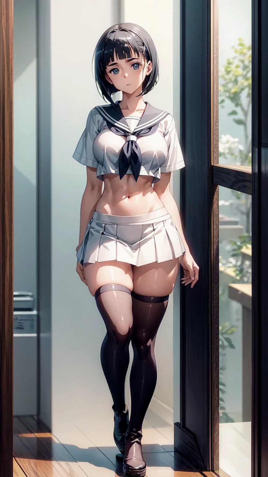 (Beautiful Face),1 female,Suguha Kirigaya,Short-sleeved sailor suit,Low-rise skirt,Very short skirt,Black Hair,middle hair,Very small waist,Very thin body,very Large Breasts,Thigh-high stockings,Platform boots,10 years old,