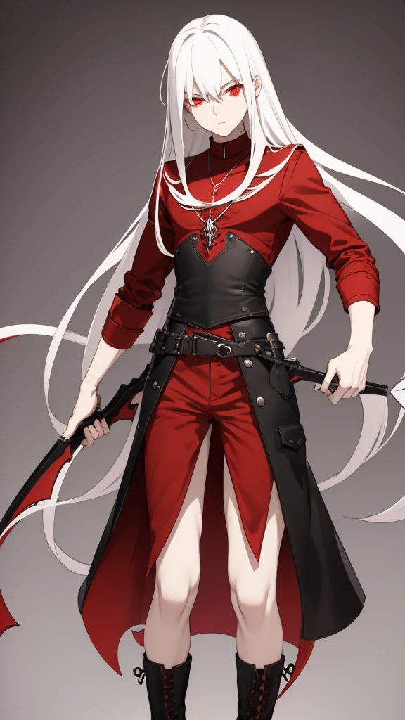 Name: V Age: 17 years Occupation: Demon Hunter Breath: Breathing Blood Appearance Height: 1.75m Weight: 65kg Hair: white, long and messy eyes: Red Skin: Pale Clothes: He wears a long black coat, leather boots and a red t-shirt. He always wears a pendant with a red crystal on his neck..