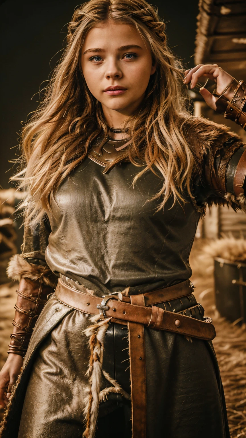 Masterpiece, Best quality, (photorealistic1.4), (UHD), (Cleavages), (epiCRealLife:1.0), (flashphoto), (flash photography), (night time), (chl03gm), (Chloe Grace Mortez wearing Viking armor), (V1k1ng, furs, leather armor, braids,), (VikAr costume), (cowboy shot), (in a Viking town)