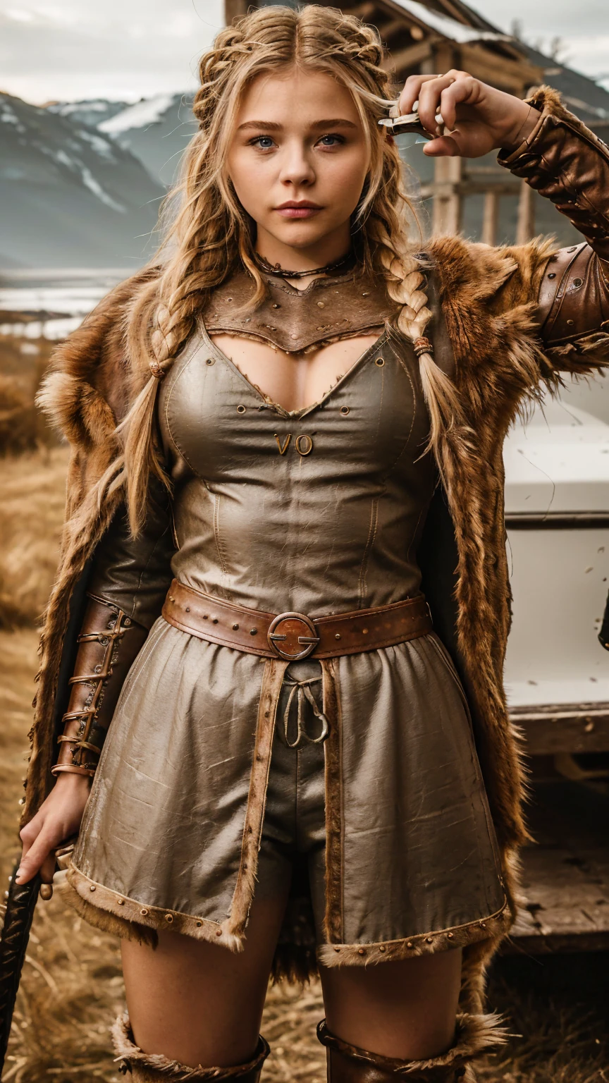 Masterpiece, Best quality, (photorealistic1.4), (UHD), (Cleavages), (epiCRealLife:1.0), (flashphoto), (flash photography), (night time), (chl03gm), (Chloe Grace Mortez wearing Viking armor), (V1k1ng, furs, leather armor, braids,), (VikAr costume), (cowboy shot), (in a Viking town)