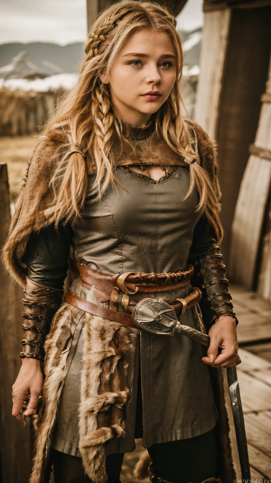 Masterpiece, Best quality, (photorealistic1.4), (UHD), (Cleavages), (epiCRealLife:1.0), (flashphoto), (flash photography), (night time), (chl03gm), (Chloe Grace Mortez wearing Viking armor), (V1k1ng, furs, leather armor, braids,), (VikAr costume), (cowboy shot), (in a Viking town)