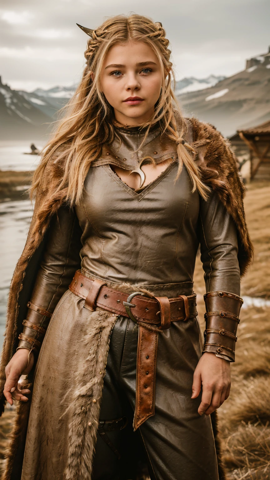 Masterpiece, Best quality, (photorealistic1.4), (UHD), (Cleavages), (epiCRealLife:1.0), (flashphoto), (flash photography), (night time), (chl03gm), (Chloe Grace Mortez wearing Viking armor), (V1k1ng, furs, leather armor, braids,), (VikAr costume), (cowboy shot), (in a Viking town)