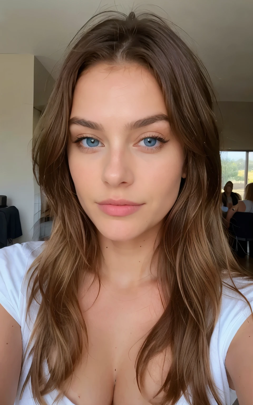 Selfie shot Belle brune aux reflets blonds prend une photo de selfie, haut du corps, in the coffee ,cool, real life nature, very detailed, 22 ans, Visage innocent, natural wavy hair, blue eye, high resolution, head of&#39;artwork, best quality, complex and high level of detail, very detailed, sharpness, detailed skin, realistic skin texture, texture, detailed eyes, Professionnel, 4K, charming smile, prise avec Canon, 85mm, Slight depth of field, Kodak Vision Color, corps parfaitement ajusté , extremely detailed, Photo_\(ultra\), fotorealistic, realistic, post-traitement, maximum details, roughness, real life, shot with Kodak Gold 400, caractéristiques realistics et détaillées
