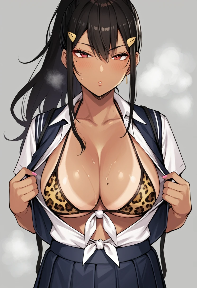 score_9, score_8_up, score_7_up, source_anime BREAK,Mina Ashiro,BLACK HAIR, PONYTAIL, LONG HAIR, HAIR ORNAMENT, MOLE UNDER EYE, MOLE, RED EYES ,GYARU,TIED SHIRT,OPEN CLOTHES,BIKINI,,LEOPARD PRINT,(school uniform:1.3),1female,large breasts,tanlines,dark-skinned female,(steam,Sweat),