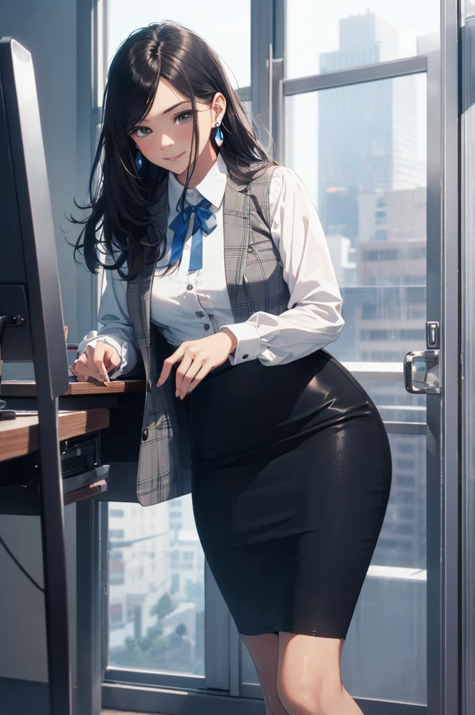 ((((1ladyl,))))  (masterpiece), (realistic), (best quality), (ultra-detailed),  amazing 30 years old wife,  pantyshot, long brown hair, office lady, Wearing a pink plaid vest, White short sleeved shirt, Gray pencil skirt, Wear stiletto heels, Necklace, earrings,  Cute face, Smile, Blushing, Shyness, Glass wall, Ultra Detail, Realistic, Front view, Whole body, (wearing in [[white and gray check pattern]] Vest worn over white collared long-sleeved shirt:1.4), (gray vest with buttons:1.2), (Pink Theme:1.2), (blue ribbon ribbon:1.3), (Black theme:1.4), (Tight black pencil skirt:1.5), ((Brown pantyhose)), (high-heels:1.1),longskirt,office desk, office chair,Lulubre Unity 8K Wallpaper, Beautiful background, clearly, Best Quality, The highest resolution, Best aesthetic,extremely detailed CG unity 8k,