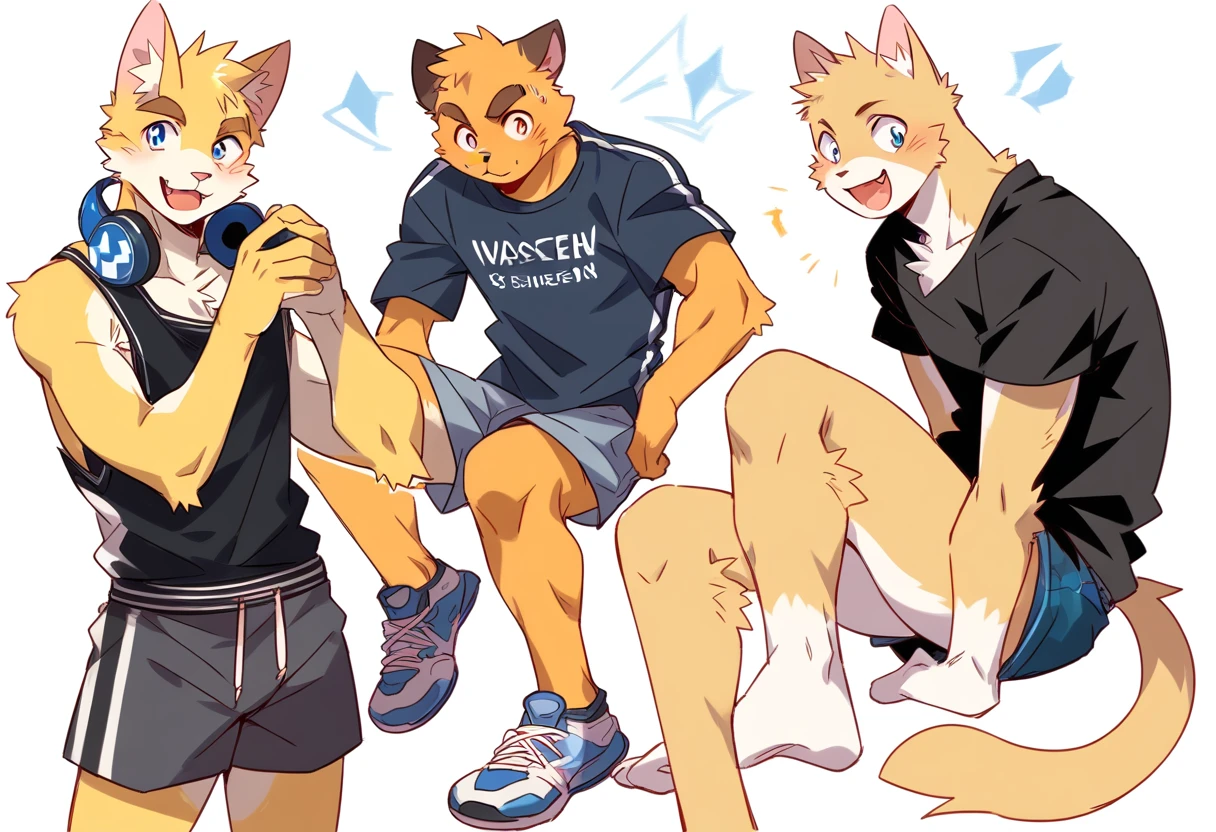 score_9, score_8_up, score_7_up, male, furry, high quality, hires, anthro, teenager, 16 years old, domestic cat, basketball player, bright yellow fur, blue eyes, wide brown eyebrows, excited expression, humanoid feet, slim body, prominent v-line, prominent abs, prominent legs, prominent forearm, prominent knees, white background, treasure trail, armpit hair, furry legs, in various sexy poses, headphones, casual clothes, joggers, black shirt, shorts, showing off, folded arms