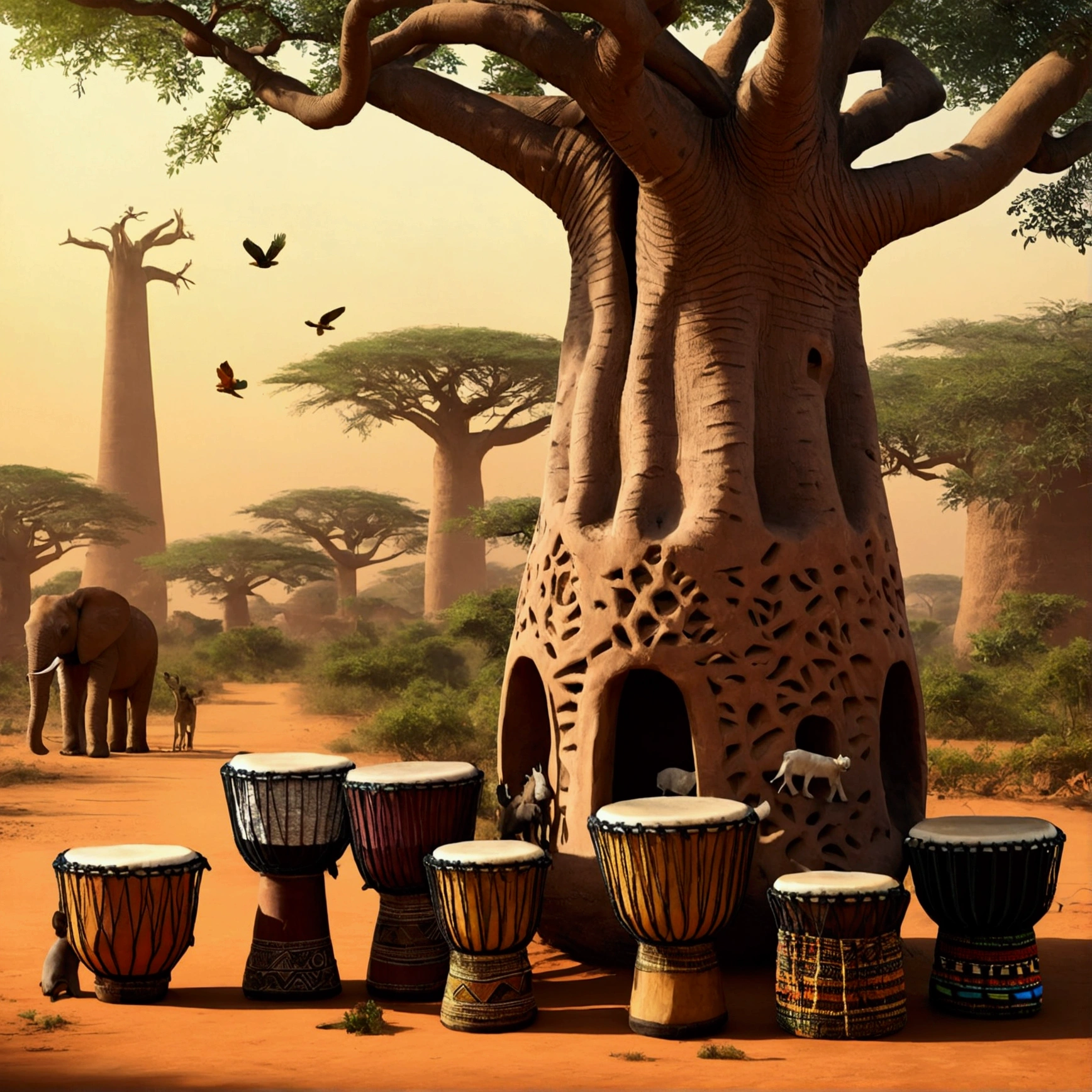 Africa Djembe baobab Lots of animals