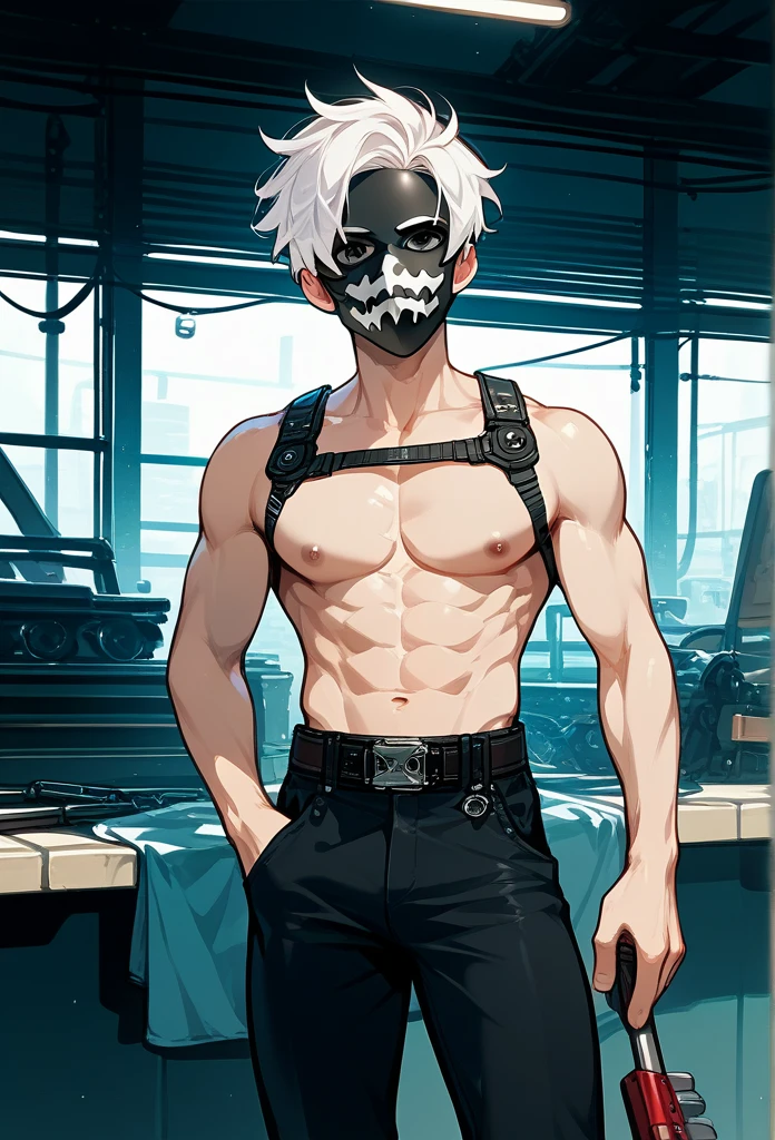 masterpiece, best quality, male, (masked face, full mask, covered face), white hair, short hair, spiky hair, mature body, muscular body, visible abs, mechanic pants, tool belt, workshop