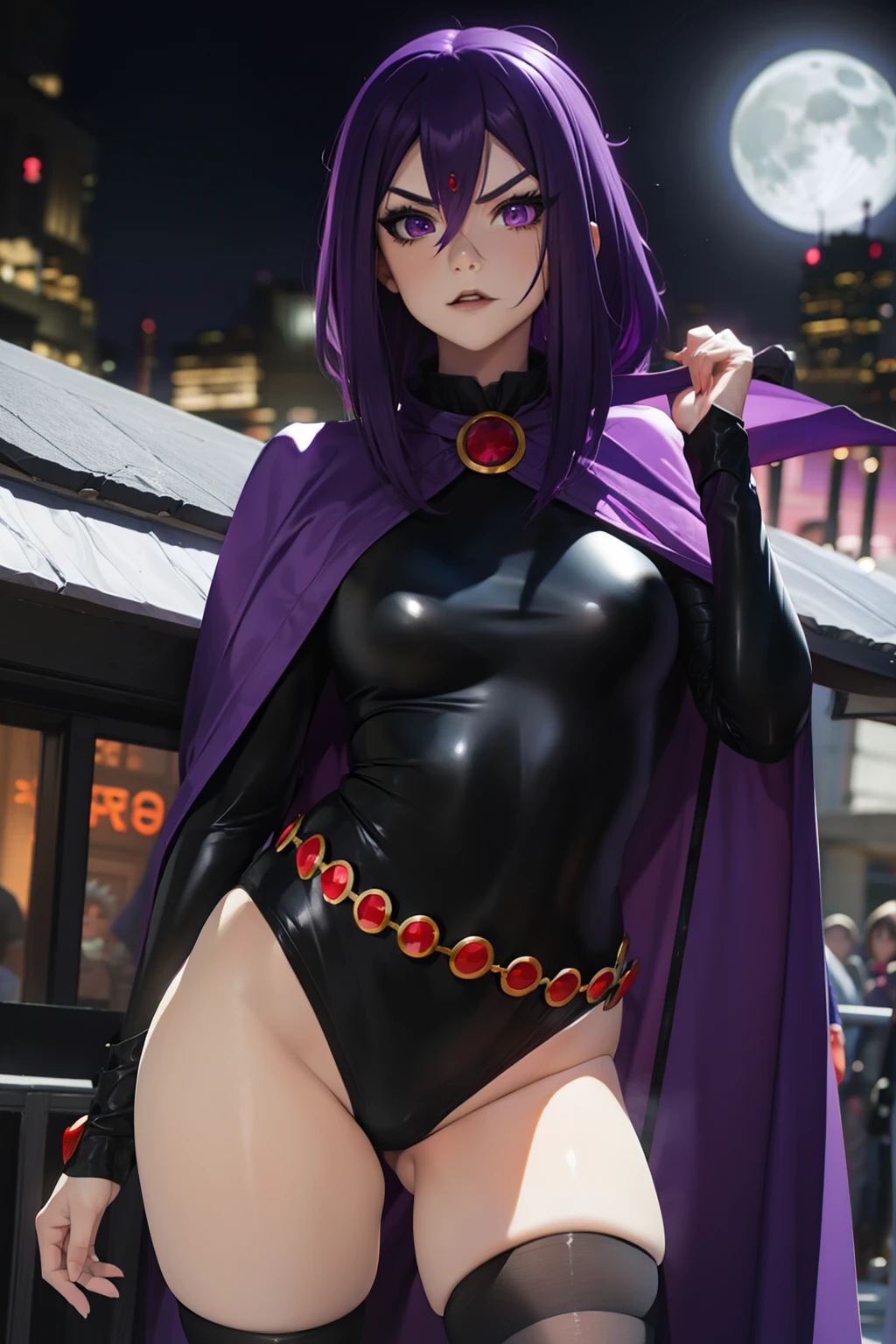 Raven ,1girl , anime , masterpiece , purple color hair, jaqueta aberta open clothes , big breasts , pantie , long socks, angry ,sexy . Background moon . Standing