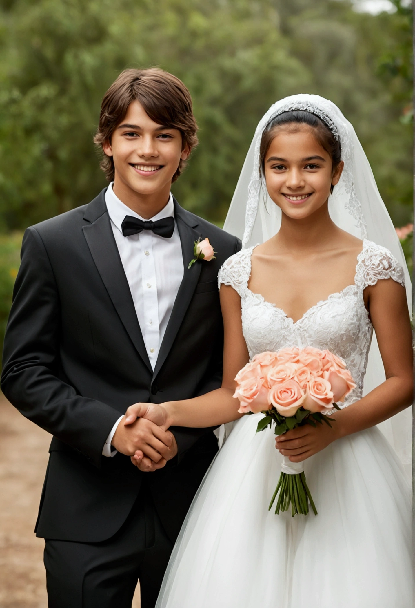 generate an image of an engaged couple with a Brazilian teenage appearance, smiling, he has very short, brown hair, he must be wearing a black suit, she has black, straight hair, she must be wearing a beautiful white wedding dress, flowing and a beautiful veil on her head, she must be holding a bouquet of salmon roses, they are holding hands, the image must show the characters in full body, transparent background