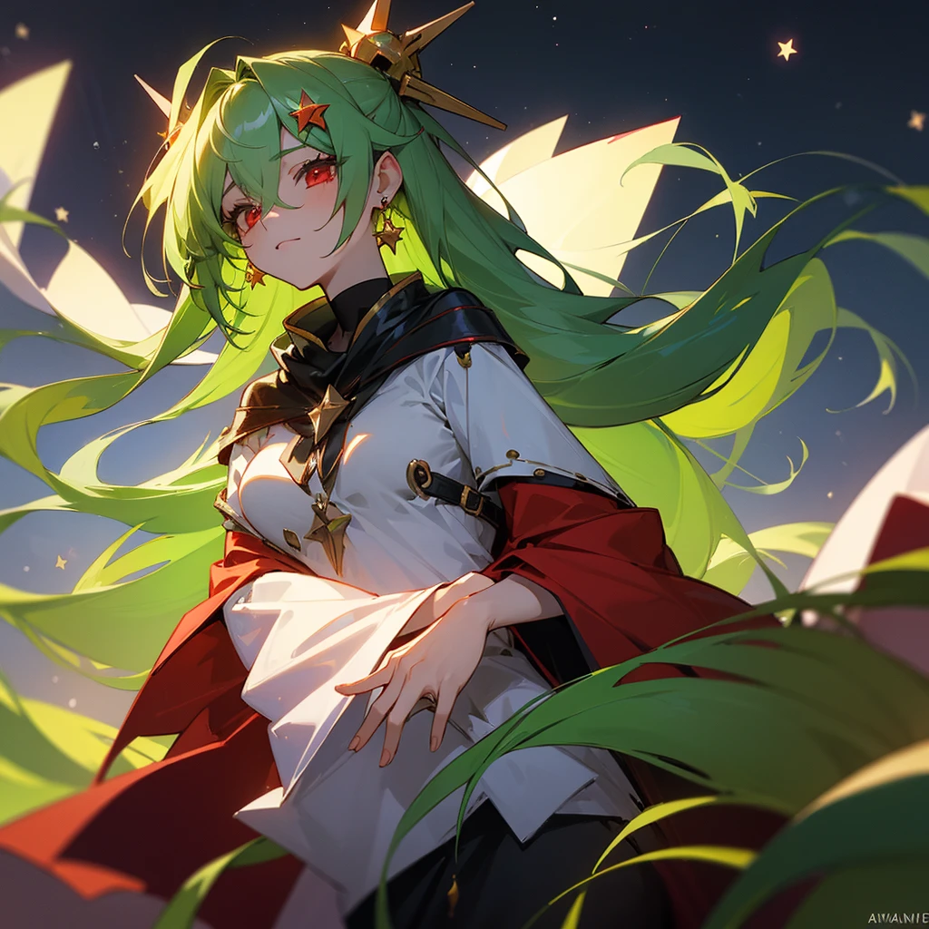 (masterpiece, best quality:1.2),solo,1girl,averting_eyes,earrings,hair_between_eyes,hair_ornament,jewelry,long_hair, earrings, Green_Hair, Red_Eyes, Pretty_Girl, Stars.