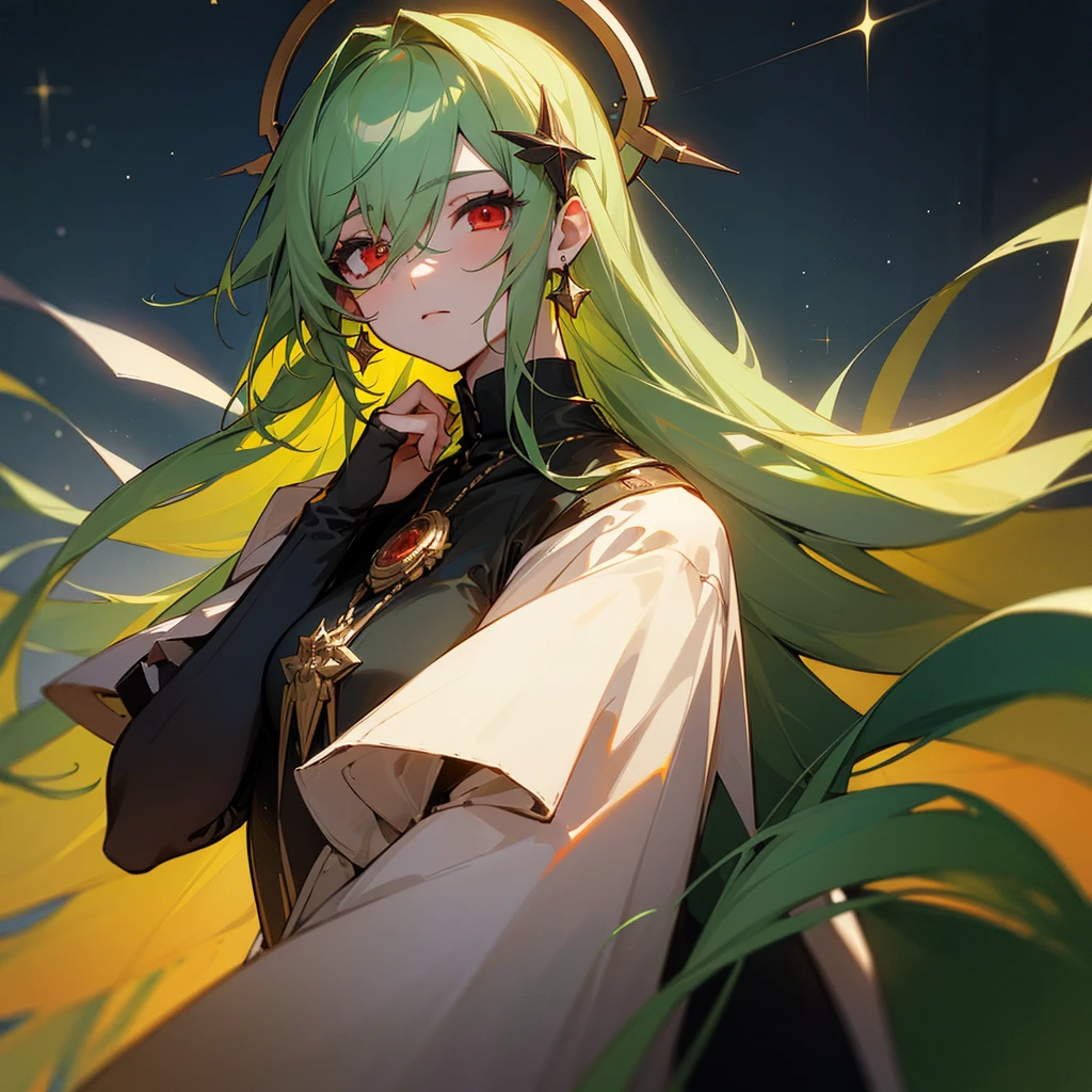 (masterpiece, best quality:1.2),solo,1girl,averting_eyes,earrings,hair_between_eyes,hair_ornament,jewelry,long_hair, earrings, Green_Hair, Red_Eyes, Pretty_Girl, Stars.