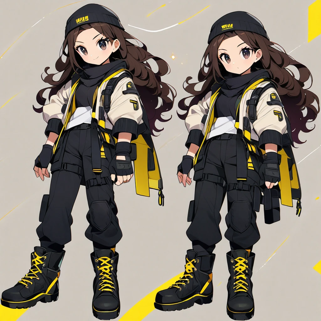 (well done:1) woman, short dark brown curly hair, black beanie, black eyes, black clothes with yellow details, white sweatshirt jacket over top, tactical boots, fingerless gloves, yellow tips in the hair.