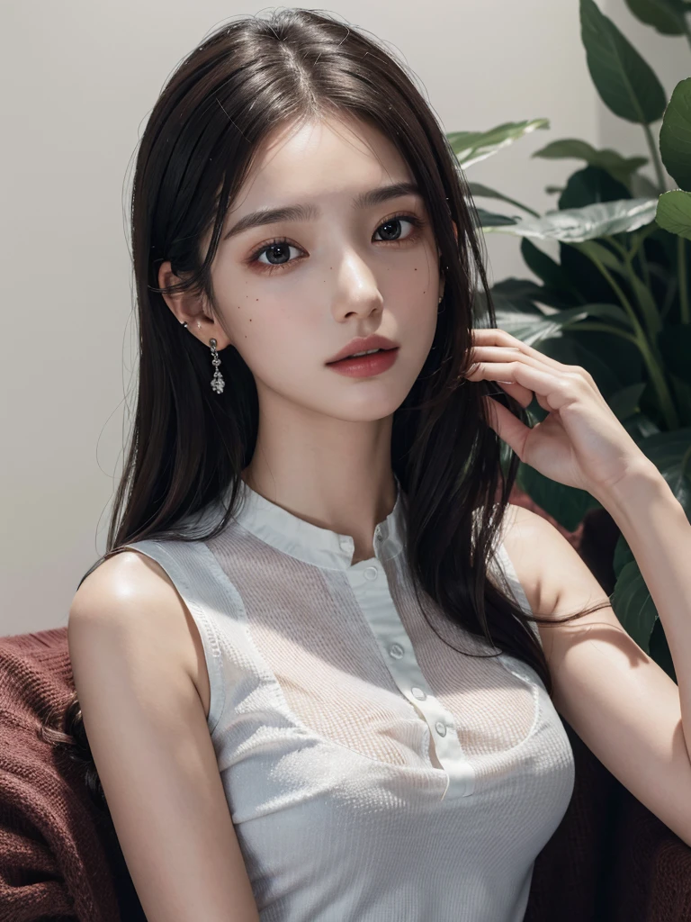 absurdres, RAW photo, extremely delicate and beautiful, masterpiece, Best Quality, ultra high resolution, 32k, hyperrealistic, ultra-detailed, perfect figure, in her 20s, delicate facial features, tearful mole, earring, big breasts, ((full body shot)), medium hair, asymmetrical hair, sleeveless collared shirt, shorts,
