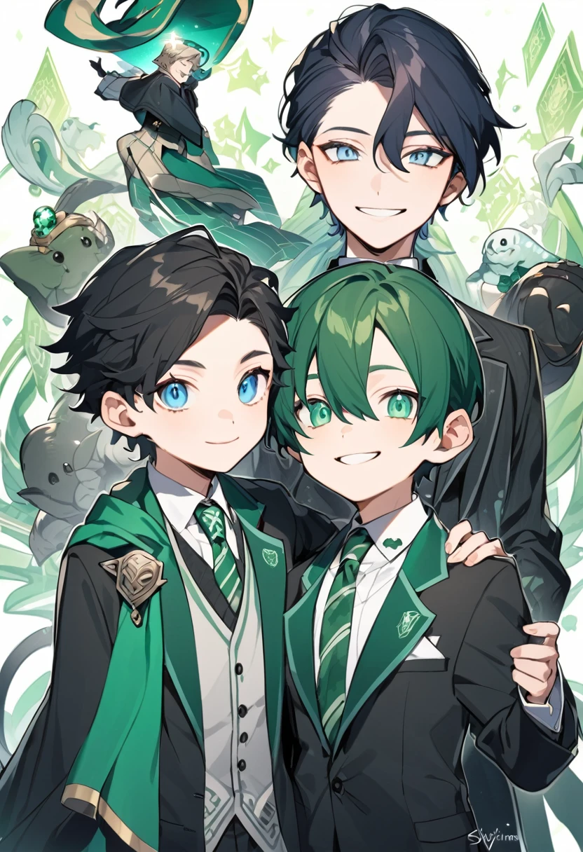 Prince, boy, black fur, blue eyes. black suit. He smiles, he is a magician, slytherin